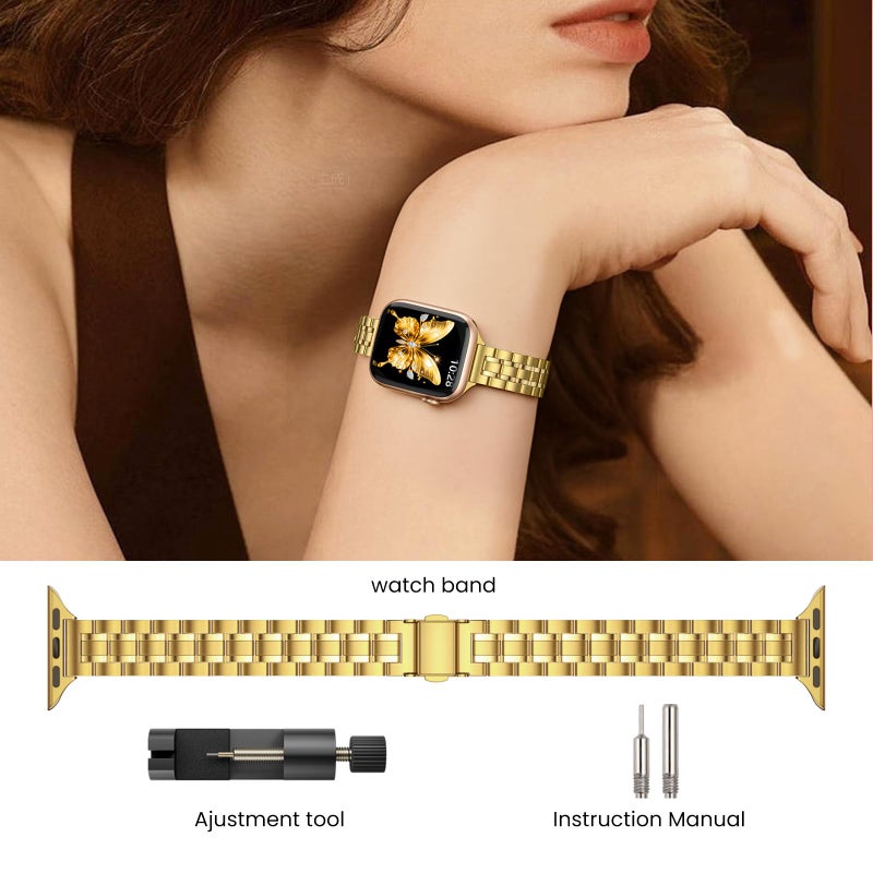STIROLL Thin Replacement Band Compatible for Apple Watch 49mm 46mm 45mm 44mm 42mm(Series 3 2 1), Stainless Steel Metal Wristband Women Men for iWatch Ultra SE Series 11 10 9 8 7 6 5 4, Gold (no case) - Image 4